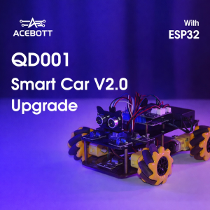 ACEBOTT QD001 Smart Car Kit V2.0 upgrade overview featuring ESP32-based smart car with mecanum wheels