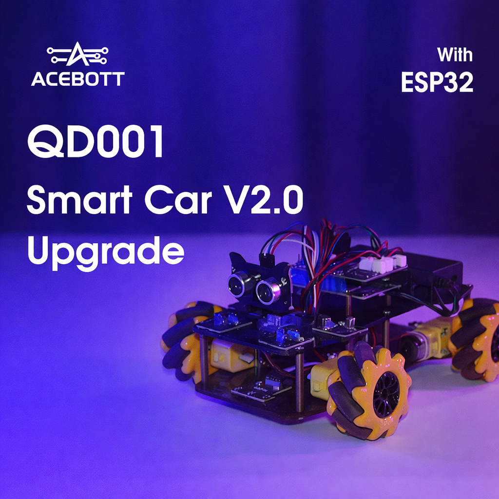 ACEBOTT QD001 Smart Car Kit V2.0 upgrade overview featuring ESP32-based smart car with mecanum wheels