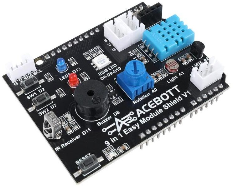 1 ACEBOTT 9 in 1 Easy Module Shield with onboard sensors, LEDs, buzzer, switches and expansion interfaces