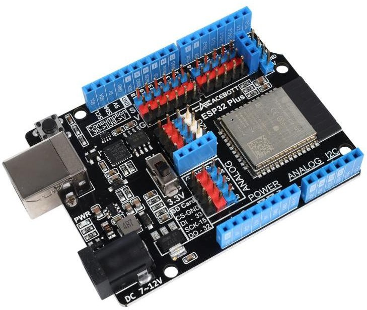 1 ACEBOTT ESP32 Plus controller board with ESP WROOM 32E module, blue pin headers, USB Type B port and DC power input