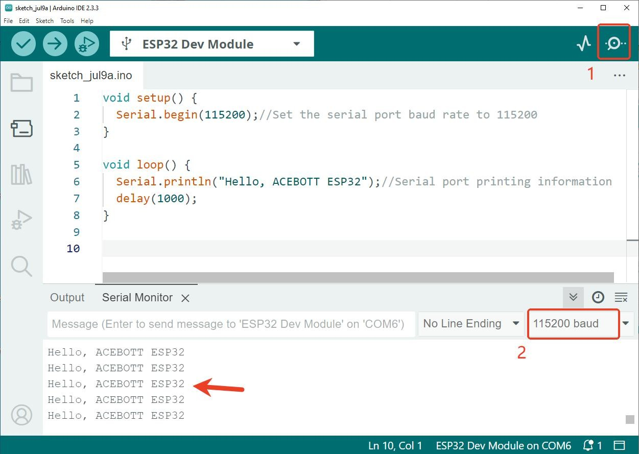 10 Arduino IDE Serial Monitor displaying repeated Hello, ACEBOTT ESP32 messages at 115200 baud
