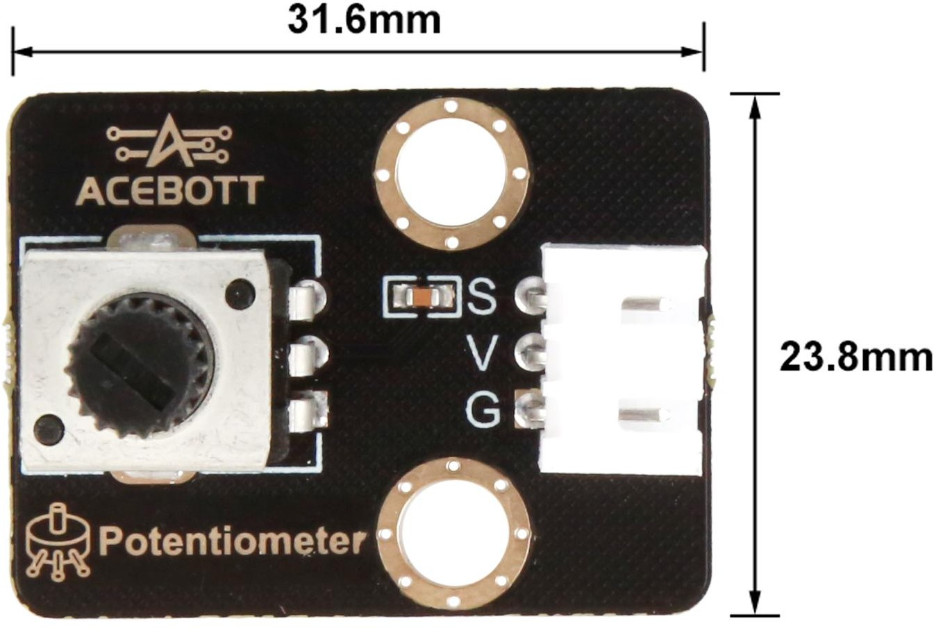 2 ACEBOTT QB115 potentiometer module dimensions measuring 31.6 mm by 23.8 mm