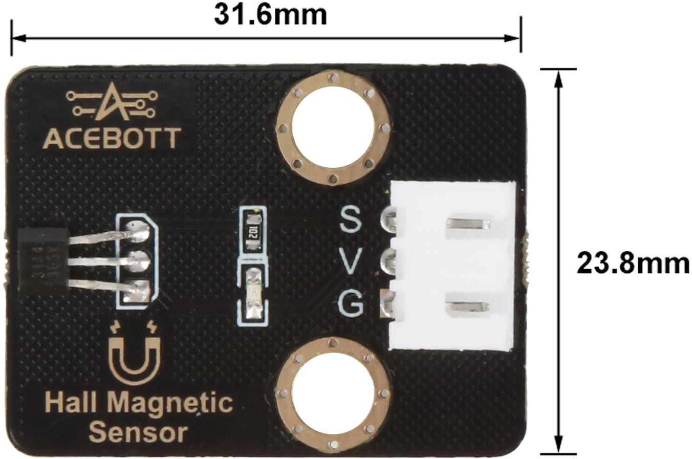 2 ACEBOTT QB116 Hall Sensor module connected to an ESP32 expansion board wiring diagram showing VCC, GND and signal pin connections