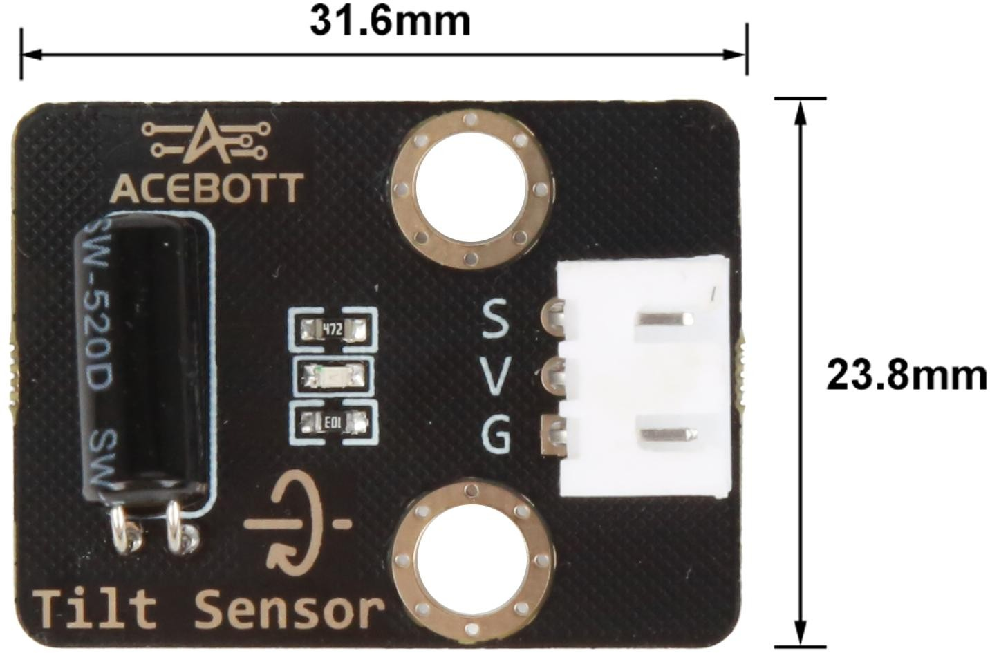 2ACEBOTT QB123 Tilt Sensor module dimensions showing a size of 31.6 mm by 23.8 mm