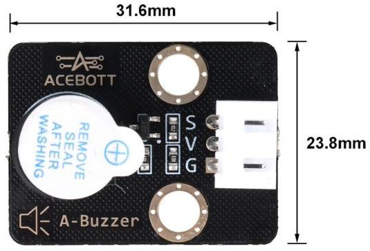 2ACEBOTT QB124 Active Buzzer module dimensions showing a size of 31.6 mm by 23.8 mm