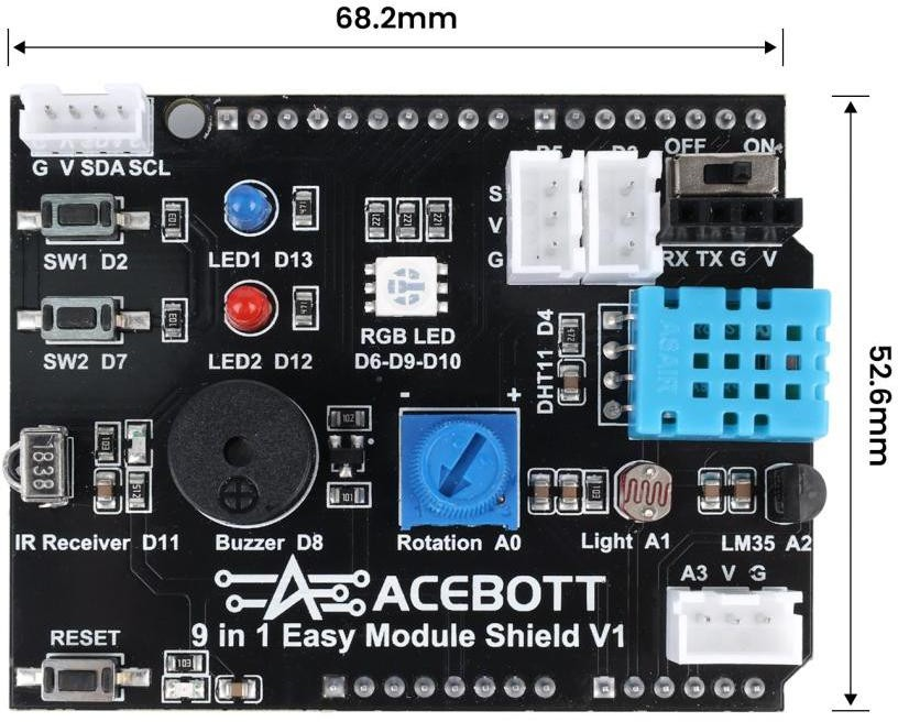 3 ACEBOTT 9 in 1 Easy Module Shield dimensions measuring 68.2 mm by 52.6 mm
