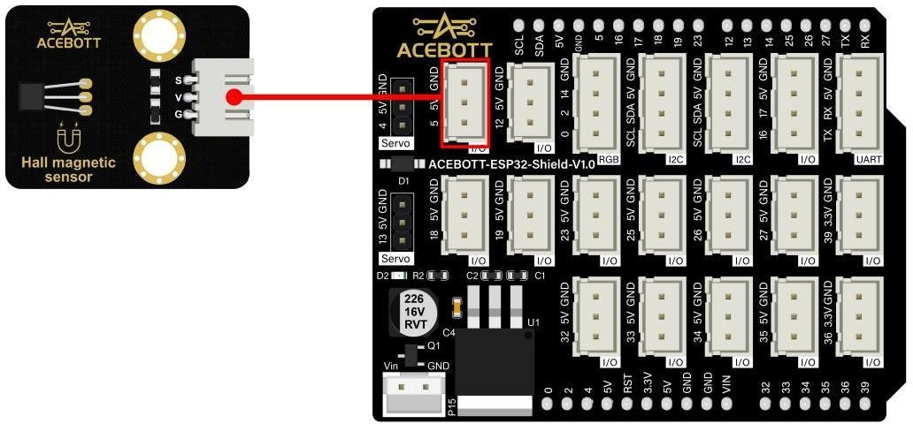 3 ACEBOTT QB116 Hall Sensor module connected to an ESP32 controller board with cable for magnetic detection testing
