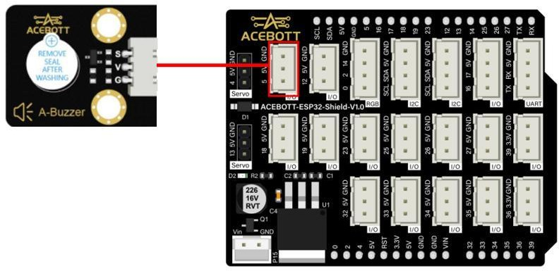 3ACEBOTT QB124 Active Buzzer module connected to an ESP32 expansion board showing VCC, GND and signal pin connections
