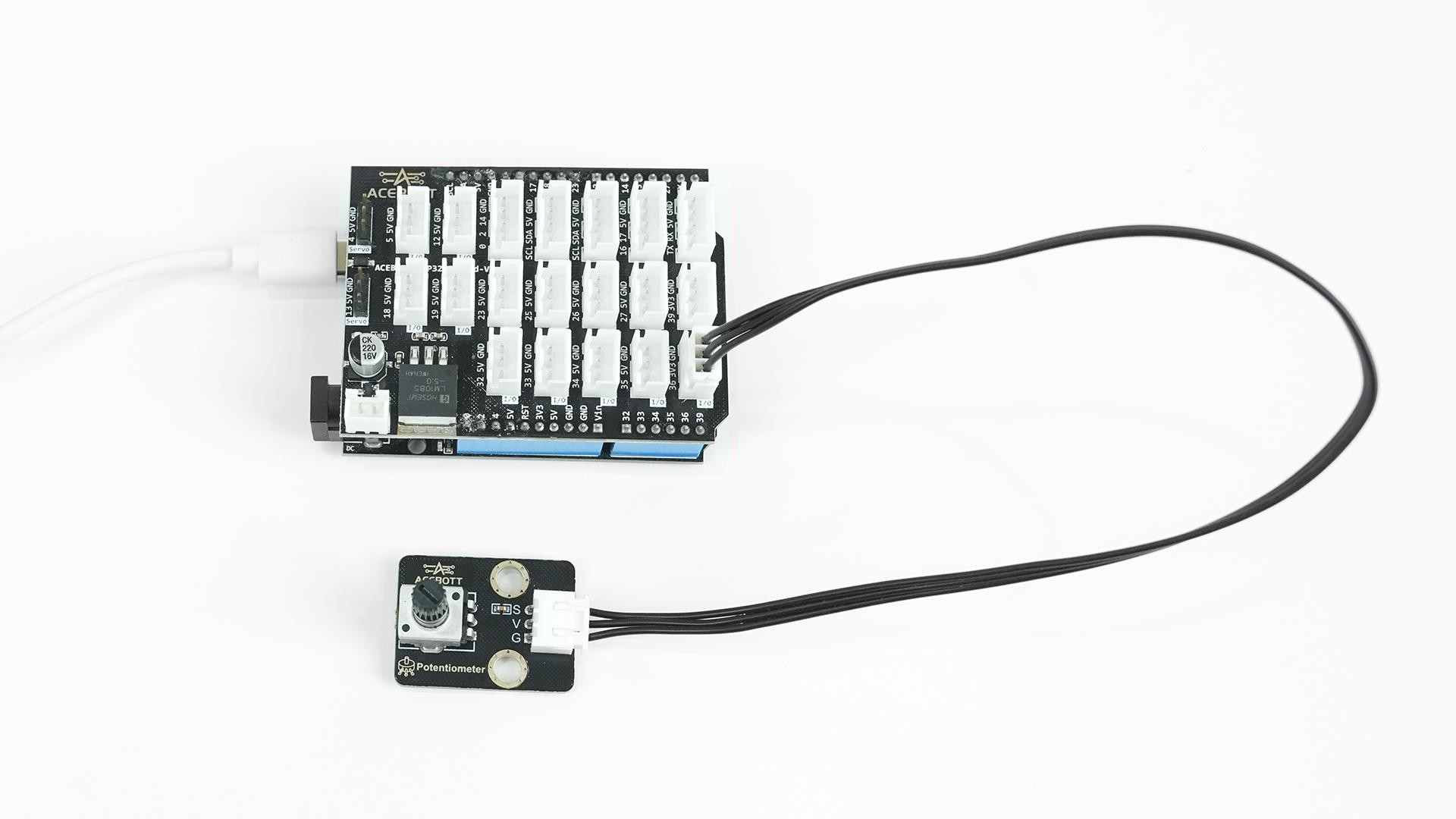 4 ACEBOTT QB115 potentiometer module connected to an ESP32 expansion board with a three wire cable for testing