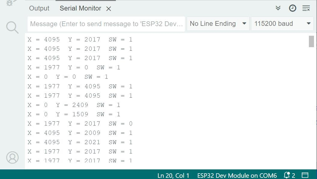 5Arduino IDE Serial Monitor displaying ACEBOTT QB122 joystick X axis, Y axis and switch values during testing
