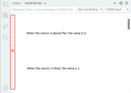 5Arduino IDE Serial Monitor displaying QB123 Tilt Sensor detection values, showing 0 when flat and 1 when tilted