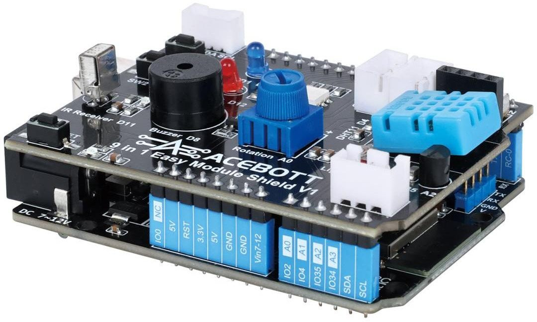 6 ACEBOTT 9 in 1 Easy Module Shield connected by USB with the red LED2 indicator illuminated