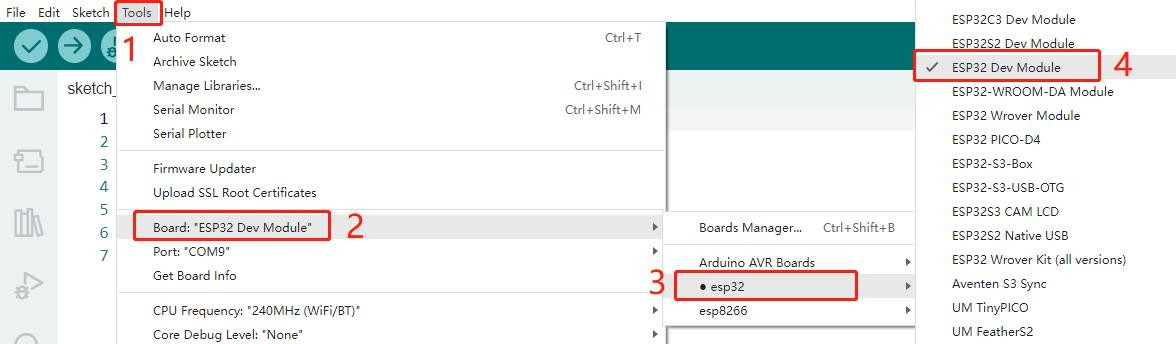 6 Arduino IDE Tools menu showing how to select ESP32 Dev Module for the ACEBOTT ESP32 Plus controller board