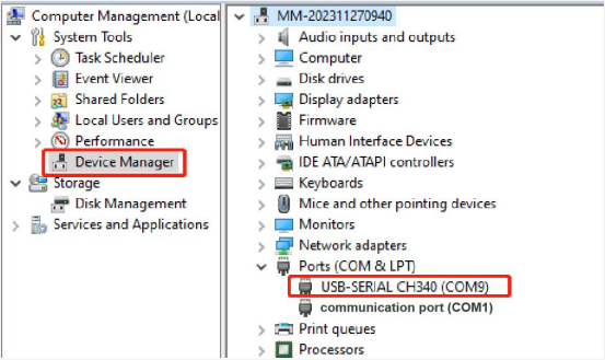 7 Windows Device Manager showing the ACEBOTT ESP32 Plus controller board detected as USB SERIAL CH340 on COM9