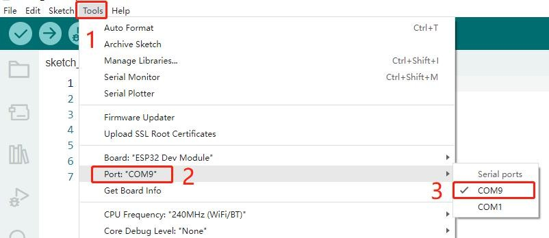 8 Arduino IDE Tools menu showing how to select the COM9 serial port for the ESP32 Dev Module