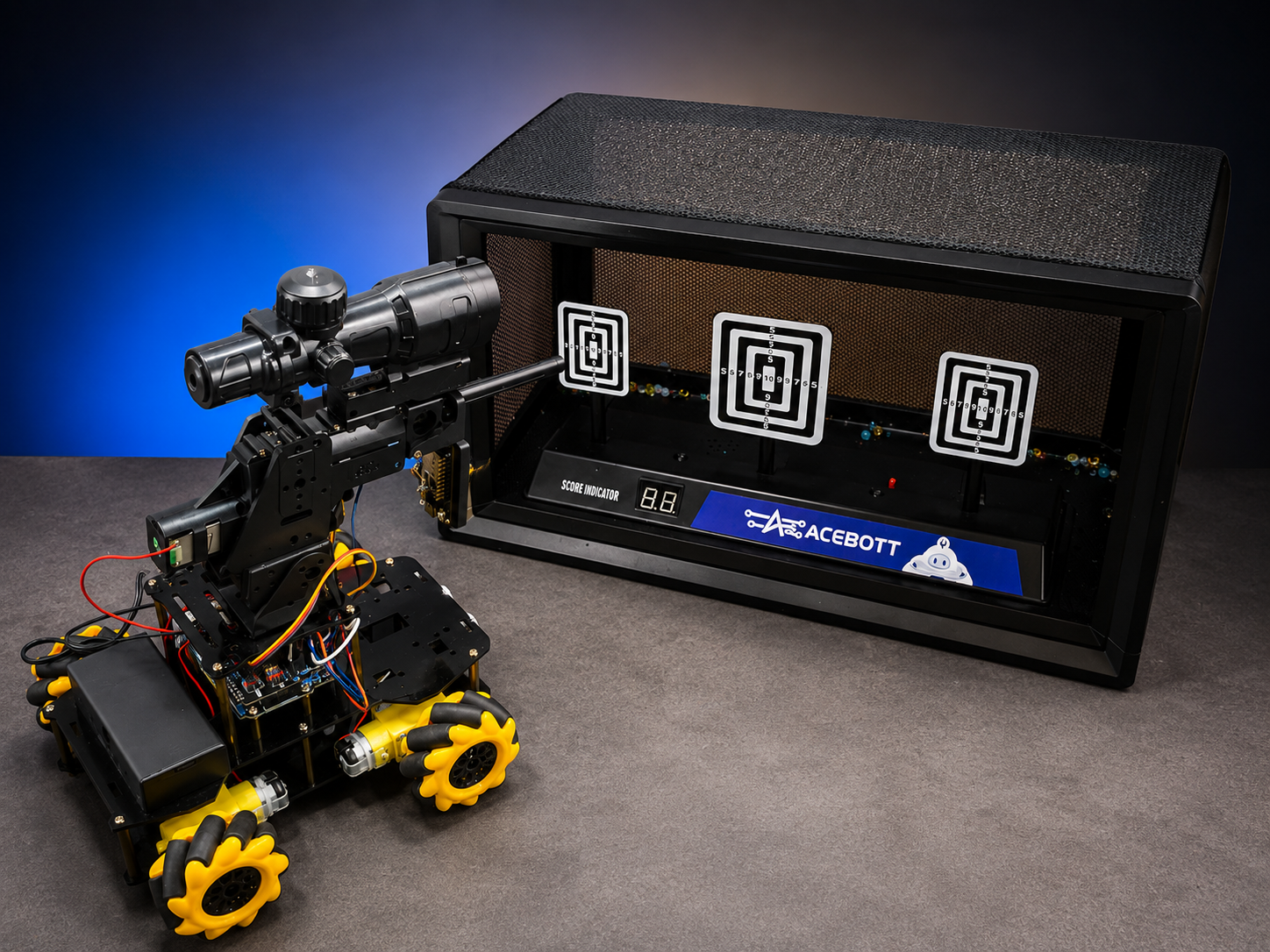 ACEBOTT QD001 battle robot aiming at the QD006 smart scoring target with three electronic targets