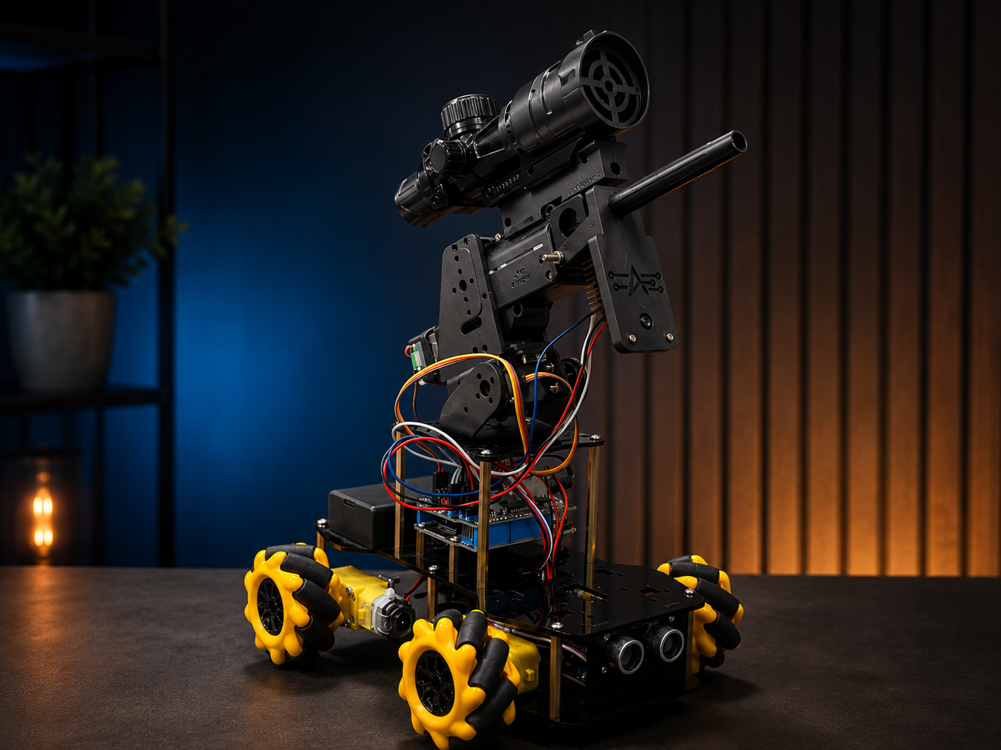 ACEBOTT QD001 robot car upgraded with QD005 water launcher for an interactive FPV battle robot project