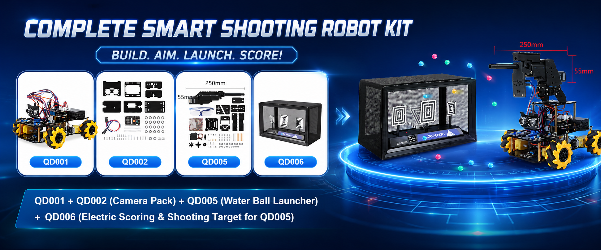 ACEBOTT QD001 smart shooting robot kit with QD002 camera, QD005 water launcher and QD006 smart scoring target