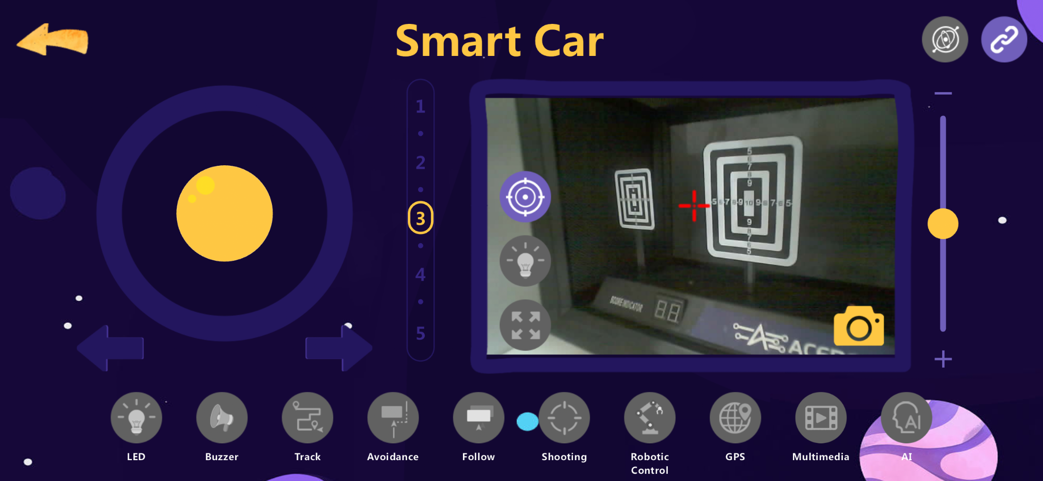 ACEBOTT Smart Car mobile app showing FPV camera view, aiming marker and shooting controls