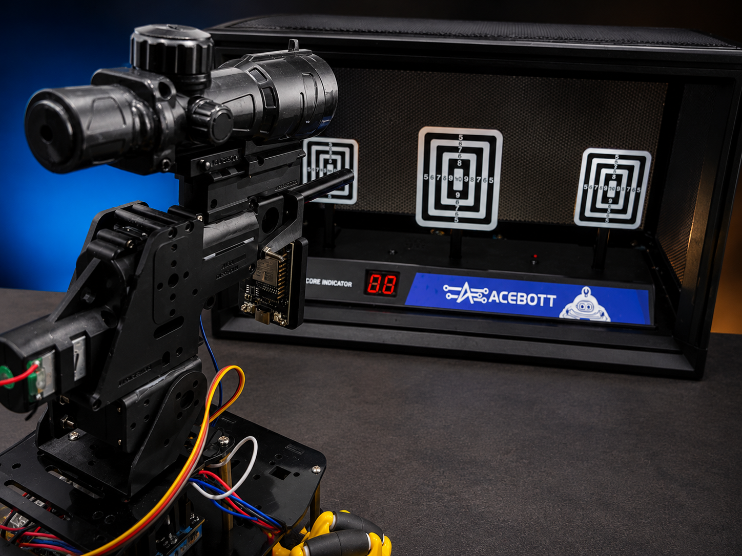 Close up of the ACEBOTT QD005 water launcher aiming at the QD006 smart scoring target