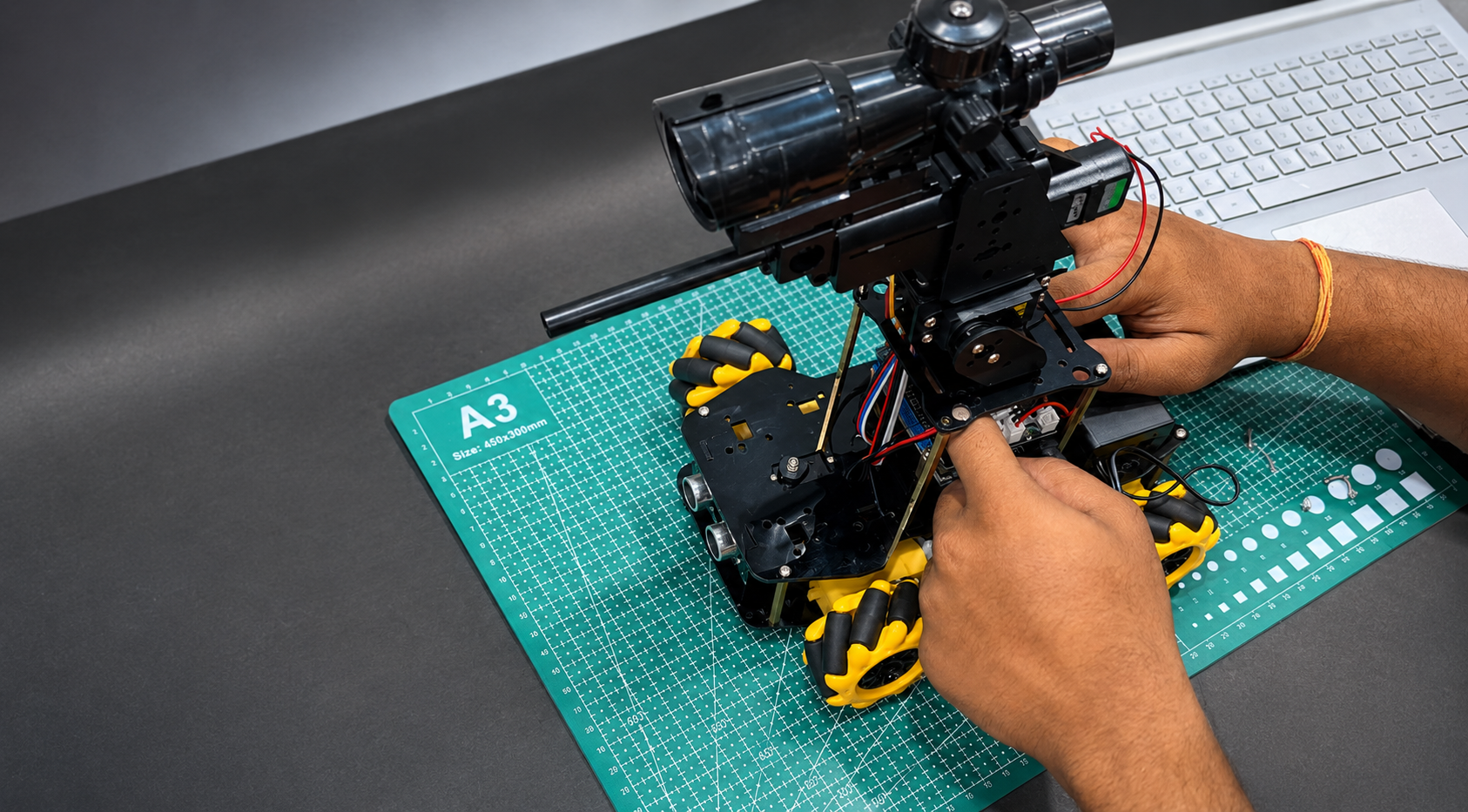 Hands assembling the ACEBOTT QD001 robot car with QD005 water launcher expansion module