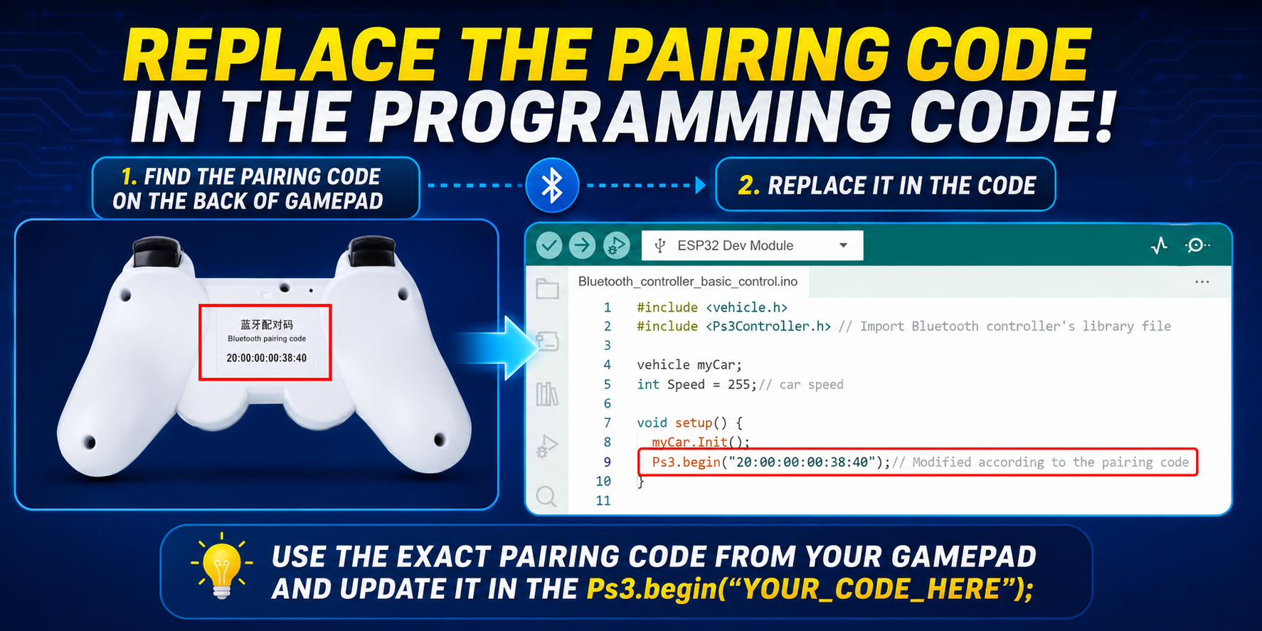 QD010 Bluetooth Controller pairing code setup for ACEBOTT ESP32 robots